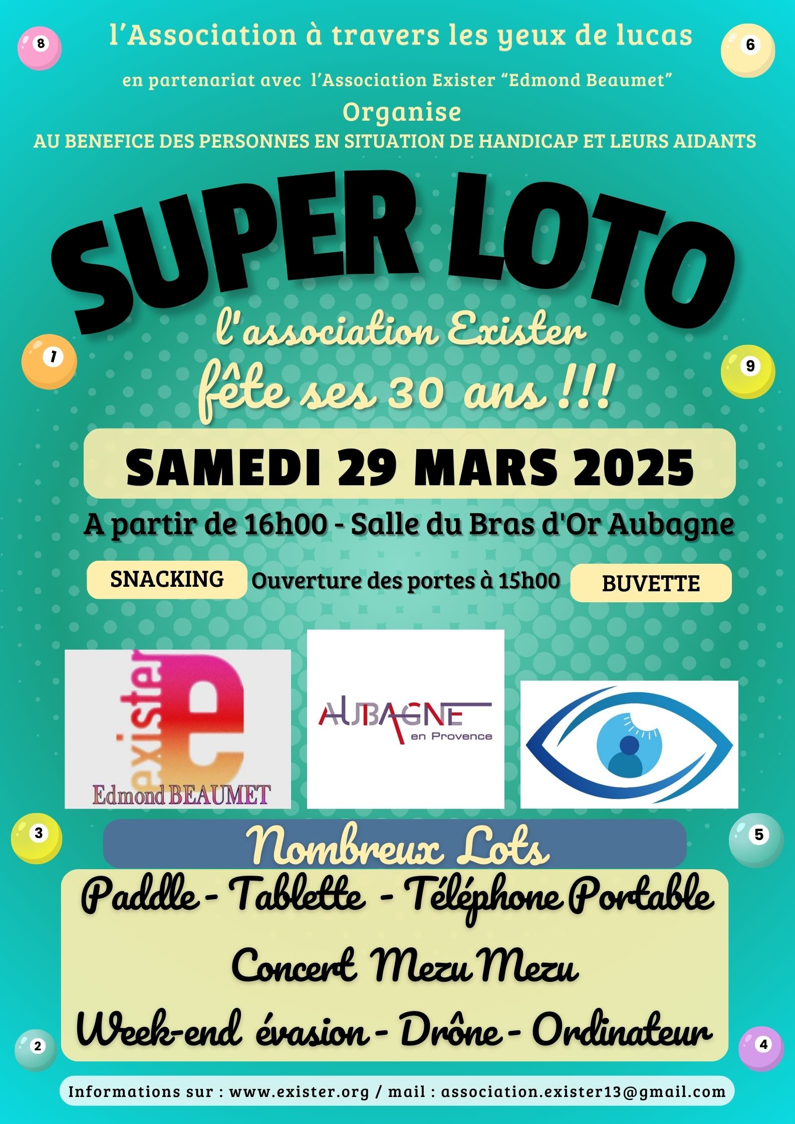 NOUVEAU – LOTO DES 30 ANS DE L’ASSOCIATION EXISTER – SAMEDI 29 MARS 2025 – 16h00 – SALLE DU BRAS D’OR AUBAGNE